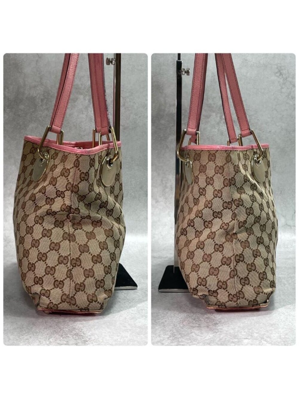 Gucci GG Tote Pink Canvas Leather Beige Logo - Picture 7 of 10